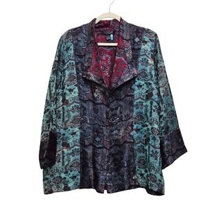 Citron Santa Monica Jacket Women 1X Teal Burgundy Silk Blend Brocade Boho Kimono